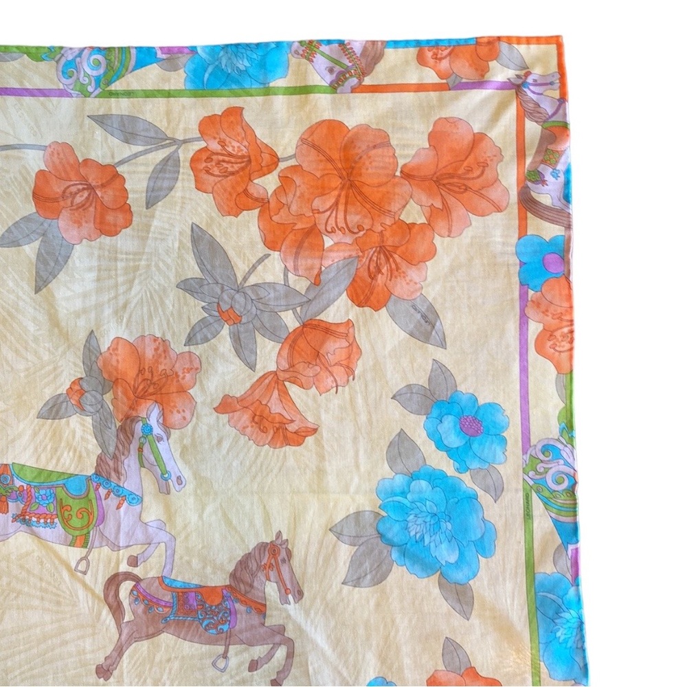 Vintage Leonard Scarf Square Horses Flowers - Picture 3 of 8